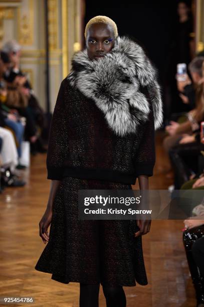 Model walks the runway during the Ingie show as part of the Paris Fashion Week Womenswear Fall/Winter 2018/2019 on February 28, 2018 in Paris, France.