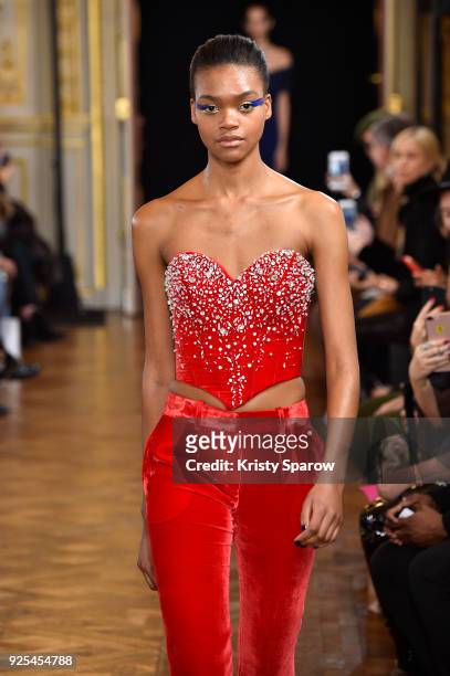 Model walks the runway during the Ingie show as part of the Paris Fashion Week Womenswear Fall/Winter 2018/2019 on February 28, 2018 in Paris, France.