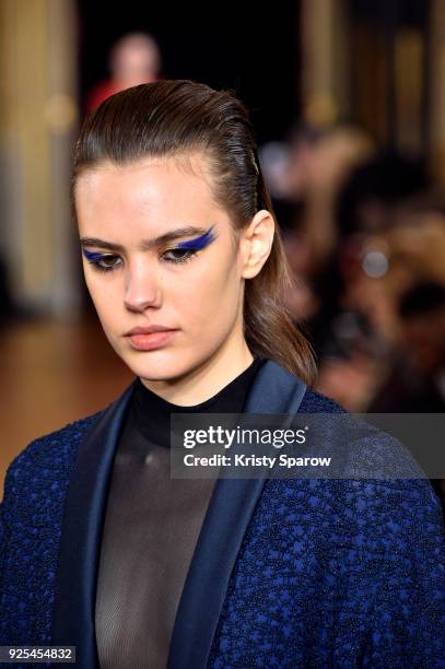 Model walks the runway during the Ingie show as part of the Paris Fashion Week Womenswear Fall/Winter 2018/2019 on February 28, 2018 in Paris, France.