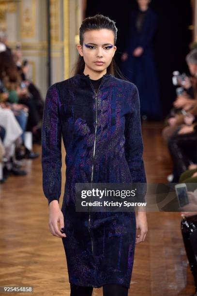 Model walks the runway during the Ingie show as part of the Paris Fashion Week Womenswear Fall/Winter 2018/2019 on February 28, 2018 in Paris, France.