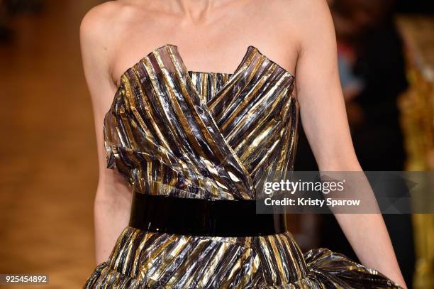 Model, fashion detail, walks the runway during the Ingie show as part of the Paris Fashion Week Womenswear Fall/Winter 2018/2019 on February 28, 2018...