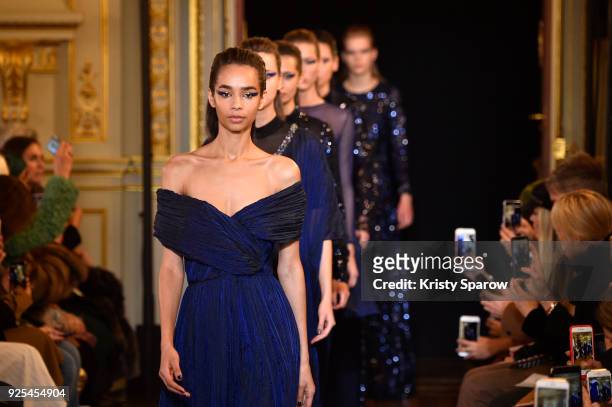 Models walk the runway during the Ingie show as part of the Paris Fashion Week Womenswear Fall/Winter 2018/2019 on February 28, 2018 in Paris, France.