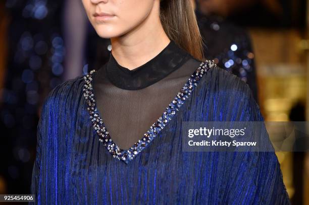 Model, fashion detail, walks the runway during the Ingie show as part of the Paris Fashion Week Womenswear Fall/Winter 2018/2019 on February 28, 2018...