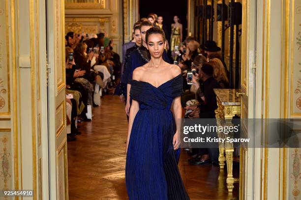 Models walk the runway during the Ingie show as part of the Paris Fashion Week Womenswear Fall/Winter 2018/2019 on February 28, 2018 in Paris, France.