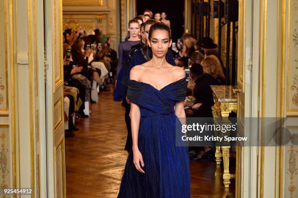 Models walk the runway during the Ingie show as part of the Paris Fashion Week Womenswear Fall/Winter 2018/2019 on February 28, 2018 in Paris, France.