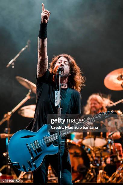 Dave Grohl singer member of the band Foo Fighters performs live on stage at Allianz Parque on February 27, 2018 in Sao Paulo, Brazil.