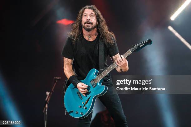 Dave Grohl singer member of the band Foo Fighters performs live on stage at Allianz Parque on February 27, 2018 in Sao Paulo, Brazil.