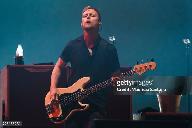 Nate Mendel basist member of the band Foo Fighters performs live on stage at Allianz Parque on February 27, 2018 in Sao Paulo, Brazil.