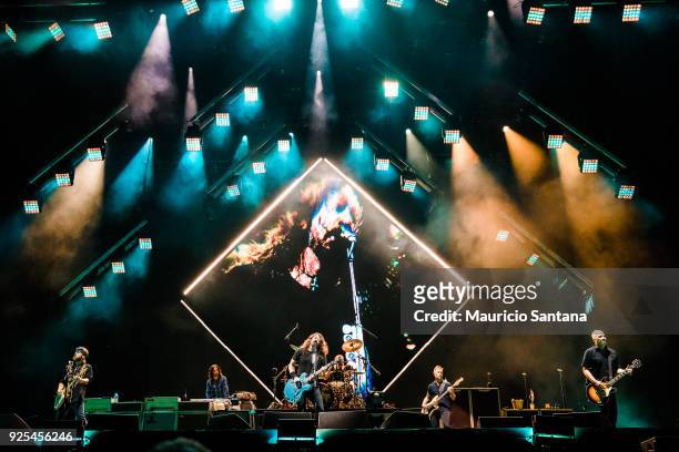 Chris Shiflett, Rami Jaffee, Dave Grohl, Taylor Hawkins, Nate Mendel and Pat Smear members of the band Foo Fighters performs live on stage at Allianz...
