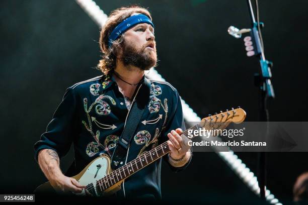 Chris Shiflett guitarist member of the band Foo Fighters performs live on stage at Allianz Parque on February 27, 2018 in Sao Paulo, Brazil.