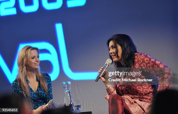 Executive Director of the Doha Tribeca Film Festival Amanda Palmer and filmmaker Mira Nair speak onstage at DOHA TALKS: Fabulous Picture Show: Mira...