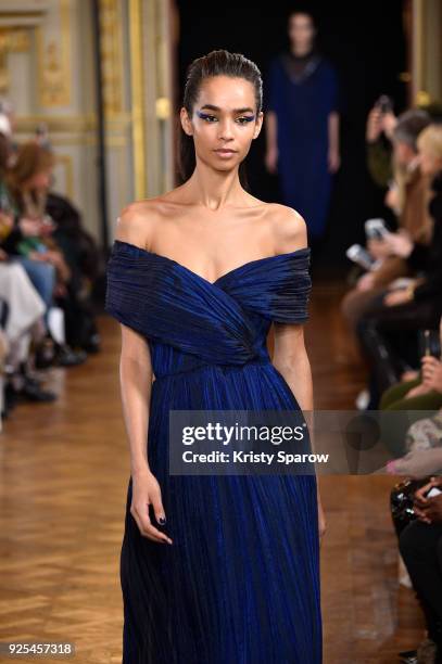 Model walks the runway during the Ingie show as part of the Paris Fashion Week Womenswear Fall/Winter 2018/2019 on February 28, 2018 in Paris, France.