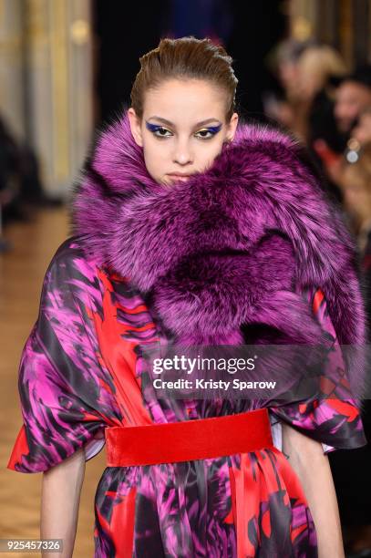 Model walks the runway during the Ingie show as part of the Paris Fashion Week Womenswear Fall/Winter 2018/2019 on February 28, 2018 in Paris, France.