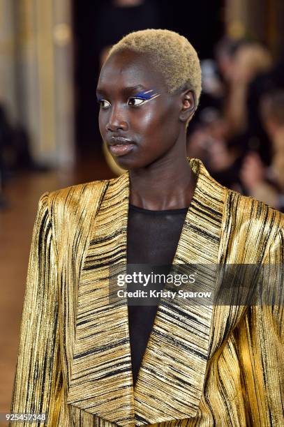 Model walks the runway during the Ingie show as part of the Paris Fashion Week Womenswear Fall/Winter 2018/2019 on February 28, 2018 in Paris, France.