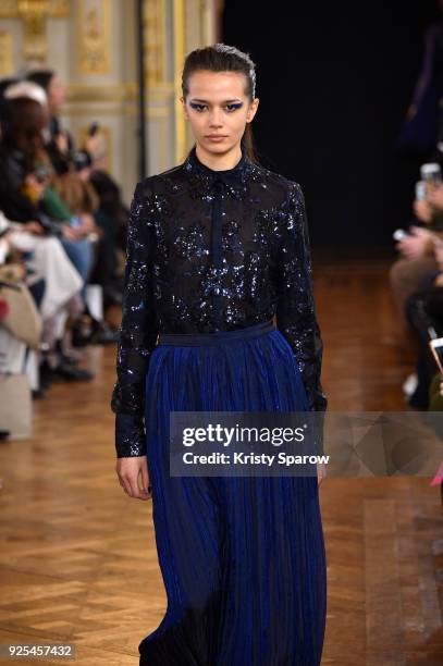 Model walks the runway during the Ingie show as part of the Paris Fashion Week Womenswear Fall/Winter 2018/2019 on February 28, 2018 in Paris, France.