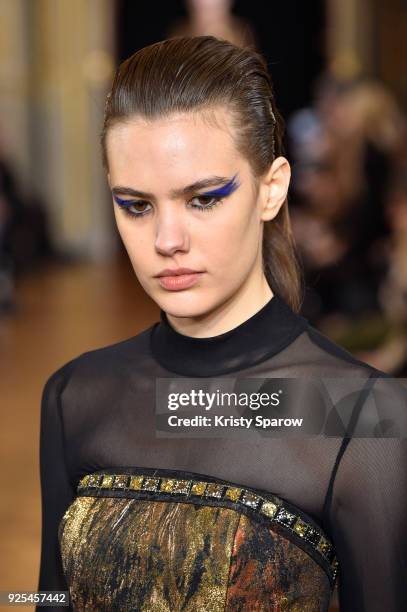 Model walks the runway during the Ingie show as part of the Paris Fashion Week Womenswear Fall/Winter 2018/2019 on February 28, 2018 in Paris, France.