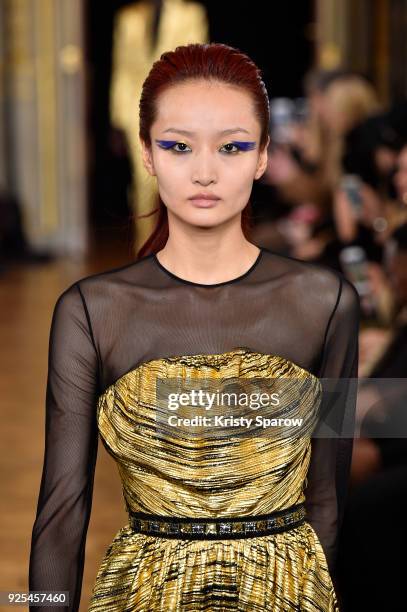 Model walks the runway during the Ingie show as part of the Paris Fashion Week Womenswear Fall/Winter 2018/2019 on February 28, 2018 in Paris, France.