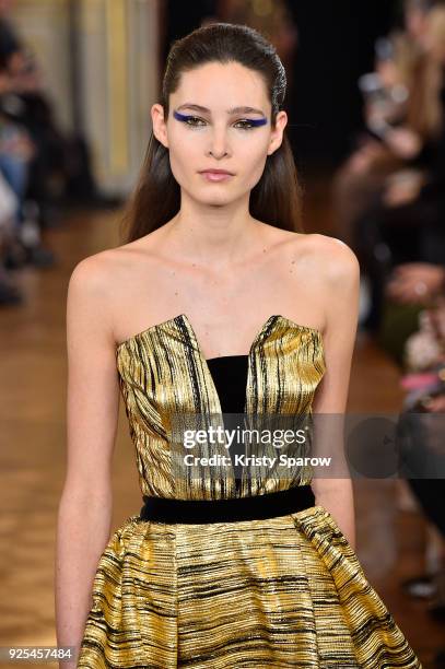 Model walks the runway during the Ingie show as part of the Paris Fashion Week Womenswear Fall/Winter 2018/2019 on February 28, 2018 in Paris, France.