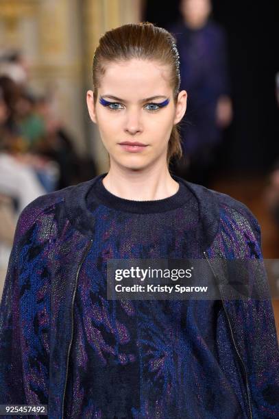 Model walks the runway during the Ingie show as part of the Paris Fashion Week Womenswear Fall/Winter 2018/2019 on February 28, 2018 in Paris, France.