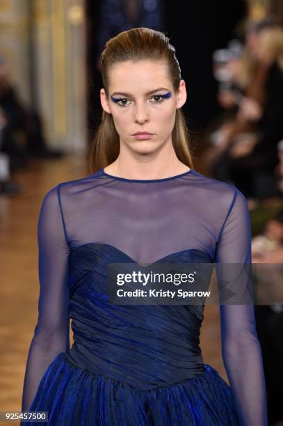 Model walks the runway during the Ingie show as part of the Paris Fashion Week Womenswear Fall/Winter 2018/2019 on February 28, 2018 in Paris, France.