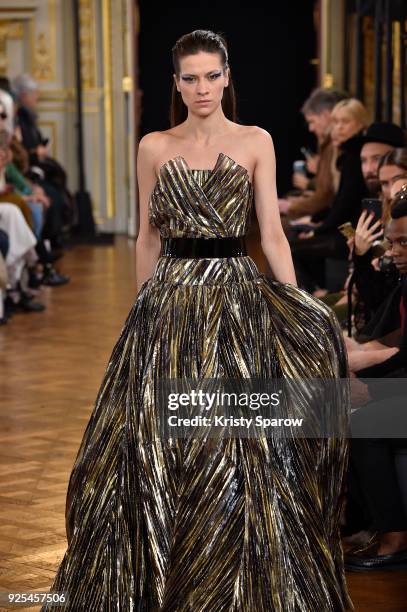 Model walks the runway during the Ingie show as part of the Paris Fashion Week Womenswear Fall/Winter 2018/2019 on February 28, 2018 in Paris, France.