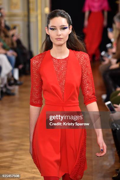 Model walks the runway during the Ingie show as part of the Paris Fashion Week Womenswear Fall/Winter 2018/2019 on February 28, 2018 in Paris, France.