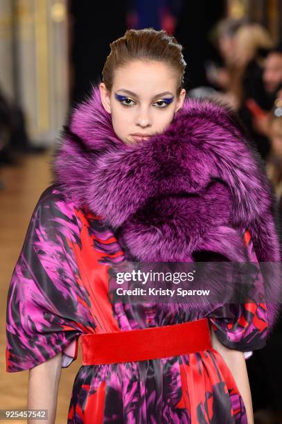 Model walks the runway during the Ingie show as part of the Paris Fashion Week Womenswear Fall/Winter 2018/2019 on February 28, 2018 in Paris, France.