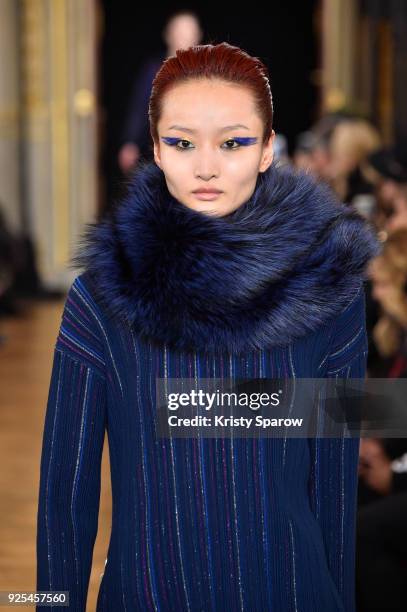 Model walks the runway during the Ingie show as part of the Paris Fashion Week Womenswear Fall/Winter 2018/2019 on February 28, 2018 in Paris, France.