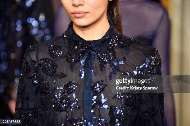 Model, fashion detail, walks the runway during the Ingie show as part of the Paris Fashion Week Womenswear Fall/Winter 2018/2019 on February 28, 2018...