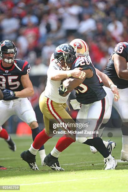 Steve Slaton of the Houston Texans runs with the ball during the game against the San Francisco 49ers at Reliant Stadium on October 25, 2009 in...