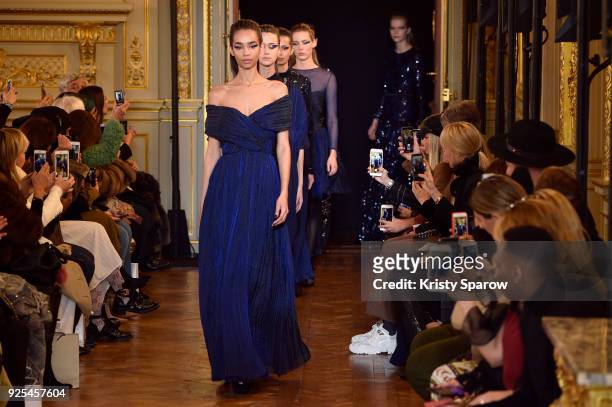 Models walk the runway during the Ingie show as part of the Paris Fashion Week Womenswear Fall/Winter 2018/2019 on February 28, 2018 in Paris, France.