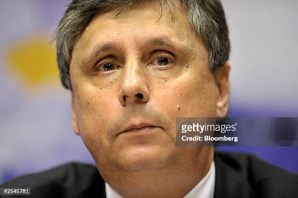 Jan Fischer, prime minister of the Czech Republic, listens during a news conference following the European Union Summit at the EU headquarters in...