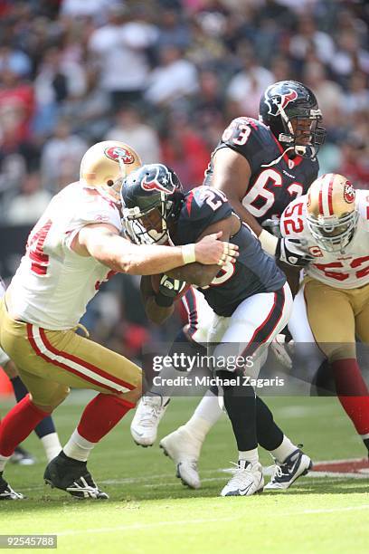 Steve Slaton of the Houston Texans runs with the ball during the game against the San Francisco 49ers at Reliant Stadium on October 25, 2009 in...