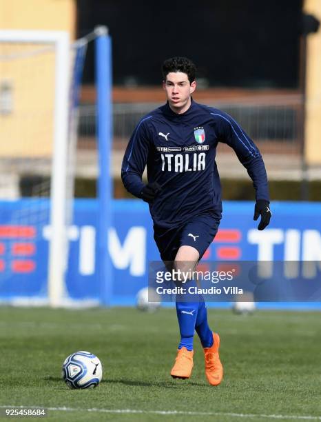 Alessandro Bastoni of Italy in action during the frienldy match between Italy and Fiorentina U19 at Coverciano on February 28, 2018 in Florence,...