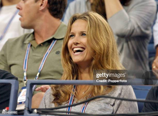 Kim Sears watches as her boyfriend Andy Murray of Great Britain plays against Feliciano Lopez of Spain during Day Seven of the 2011 US Open at the...