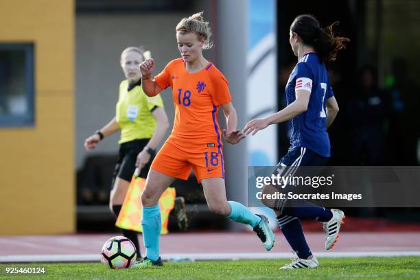 Esmee de Graaf of Holland Women, Aya Sameshima of Japan Women during the Algarve Cup Women match between Japan v Holland at the Estadio Municipal da...