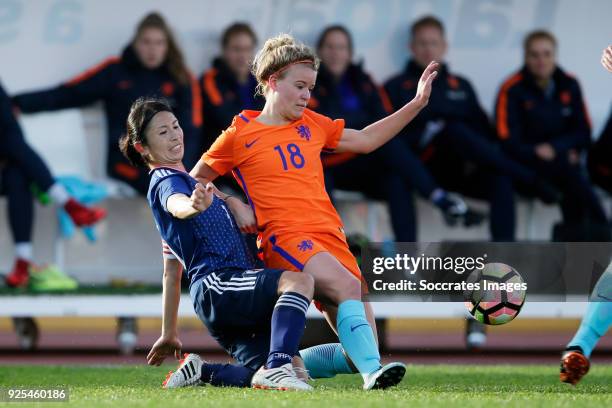 Aya Sameshima of Japan Women, Esmee de Graaf of Holland Women during the Algarve Cup Women match between Japan v Holland at the Estadio Municipal da...