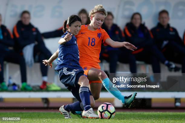 Aya Sameshima of Japan Women, Esmee de Graaf of Holland Women during the Algarve Cup Women match between Japan v Holland at the Estadio Municipal da...