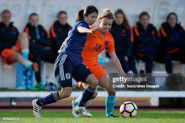 Aya Sameshima of Japan Women, Esmee de Graaf of Holland Women during the Algarve Cup Women match between Japan v Holland at the Estadio Municipal da...