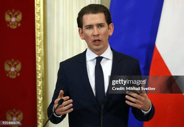 Austrian Chancellor Sebastian Kurz speeches during a press conference at the Kremlin on February 28, 2018 in Moscow, Russia. Chancellor of Austria...