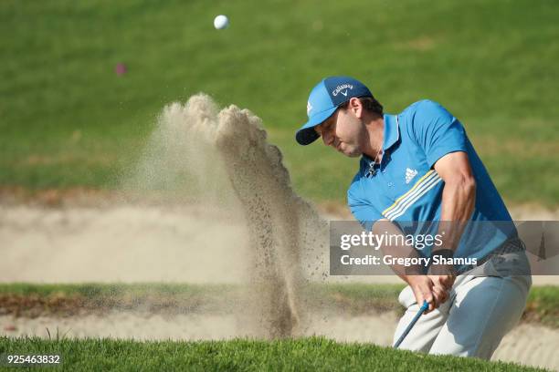 Sergio Garcia of Spain plays a shot from a sand trap during practice on February 28, 2018 in Mexico City, Mexico.