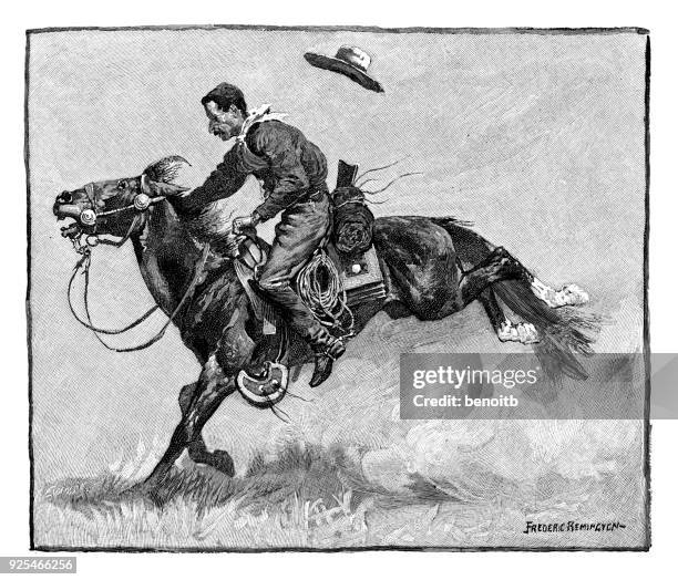 cowboy on bucking horse - early american western art stock illustrations