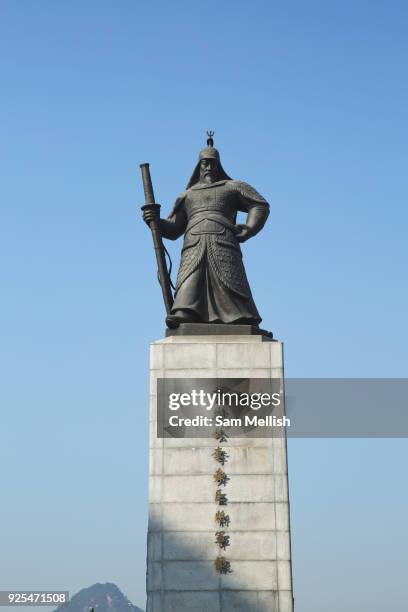 Admiral Yi Sun-Sin statue in Seoul city on 26th February 2018 in South Korea. Admiral Yi Sun-sin was a Korean naval commander famed for his victories...