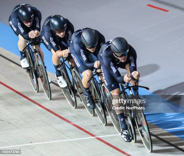 Campbell Stewart,Regan Gough,Dylan Kennett,Nicholas Kergozou of Men`s team Pursuit squad take part in the qualifying round of the UCI Track Cycling...