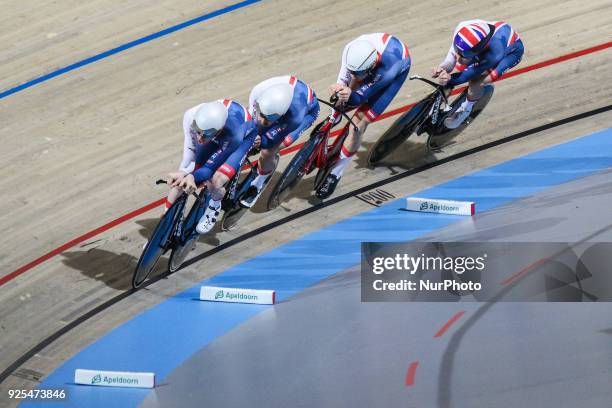 Edward Clancy,Kian Emadi,Ethan Hayter,Charlie Tanfield of Men`s team Pursuit squad take part in the qualifying round of the UCI Track Cycling World...