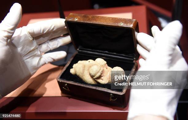 This photo taken on February 28, 2018 shows a person opening a box containing the prehistoric 'Venus of Willendorf' figurine at the Natural History...