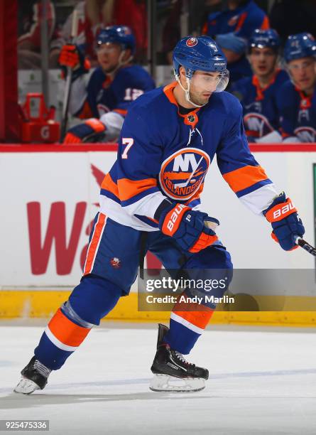 Jordan Eberle of the New York Islanders skates against the New Jersey Devils during the game at Prudential Center on February 24, 2018 in Newark, New...