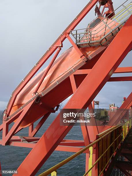 plataforma petrolífera de escape de emergencia freefall barco salvavidas - plataforma para la exploración de petróleo fotografías e imágenes de stock