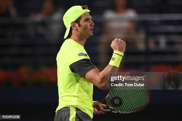 Malek Jaziri of Tunisia celebrates a point during his match against Robin Haase of Netherlands on day three of the ATP Dubai Duty Free Tennis...