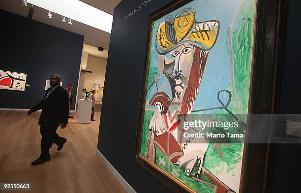 Pablo Picasso's "Buste d'homme", valued at $8-12 million, is displayed during a preview of Sotheby's fall Evening Sale of Impressionist and Modern...